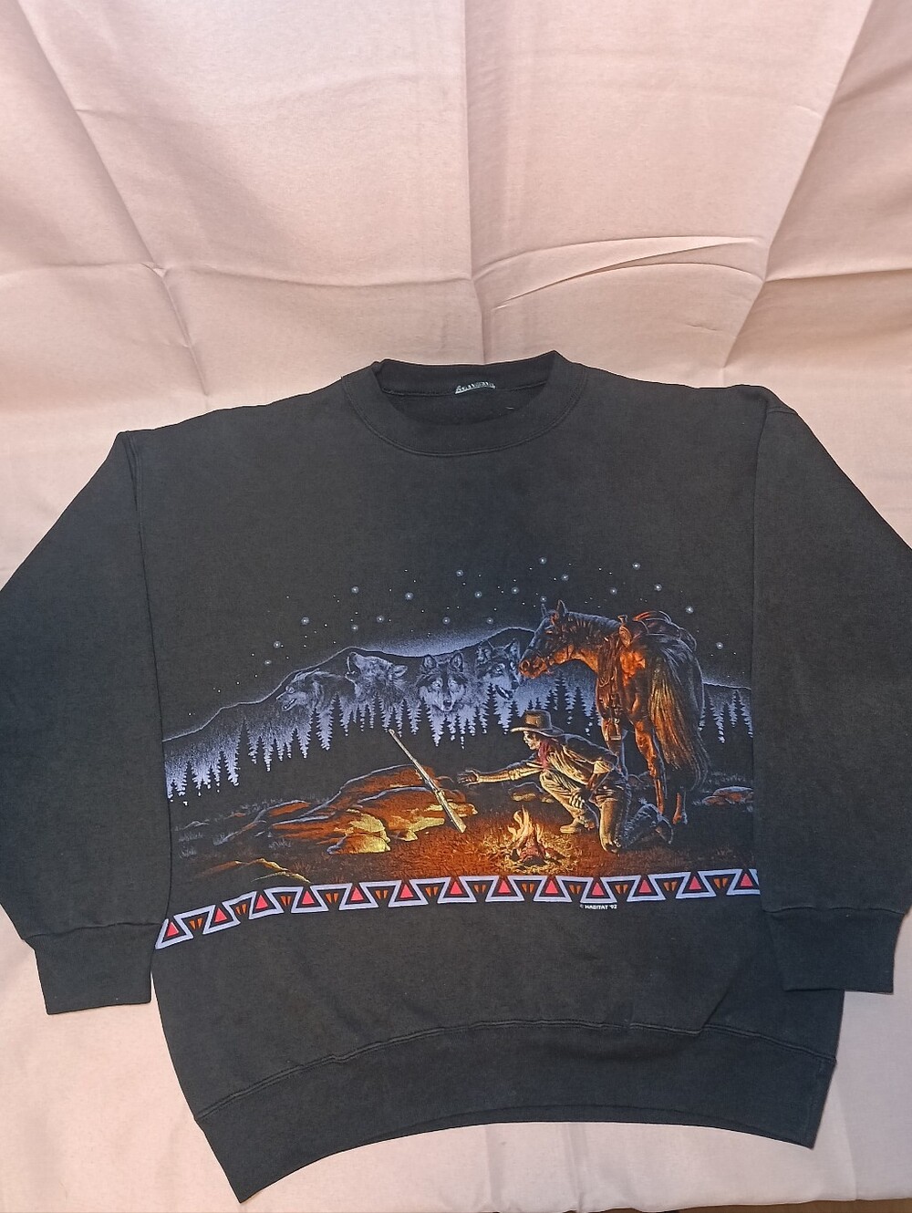 Vintage 1992 Habitat Crewneck Sweatshirt with Cowboy Horse Wolves AOP